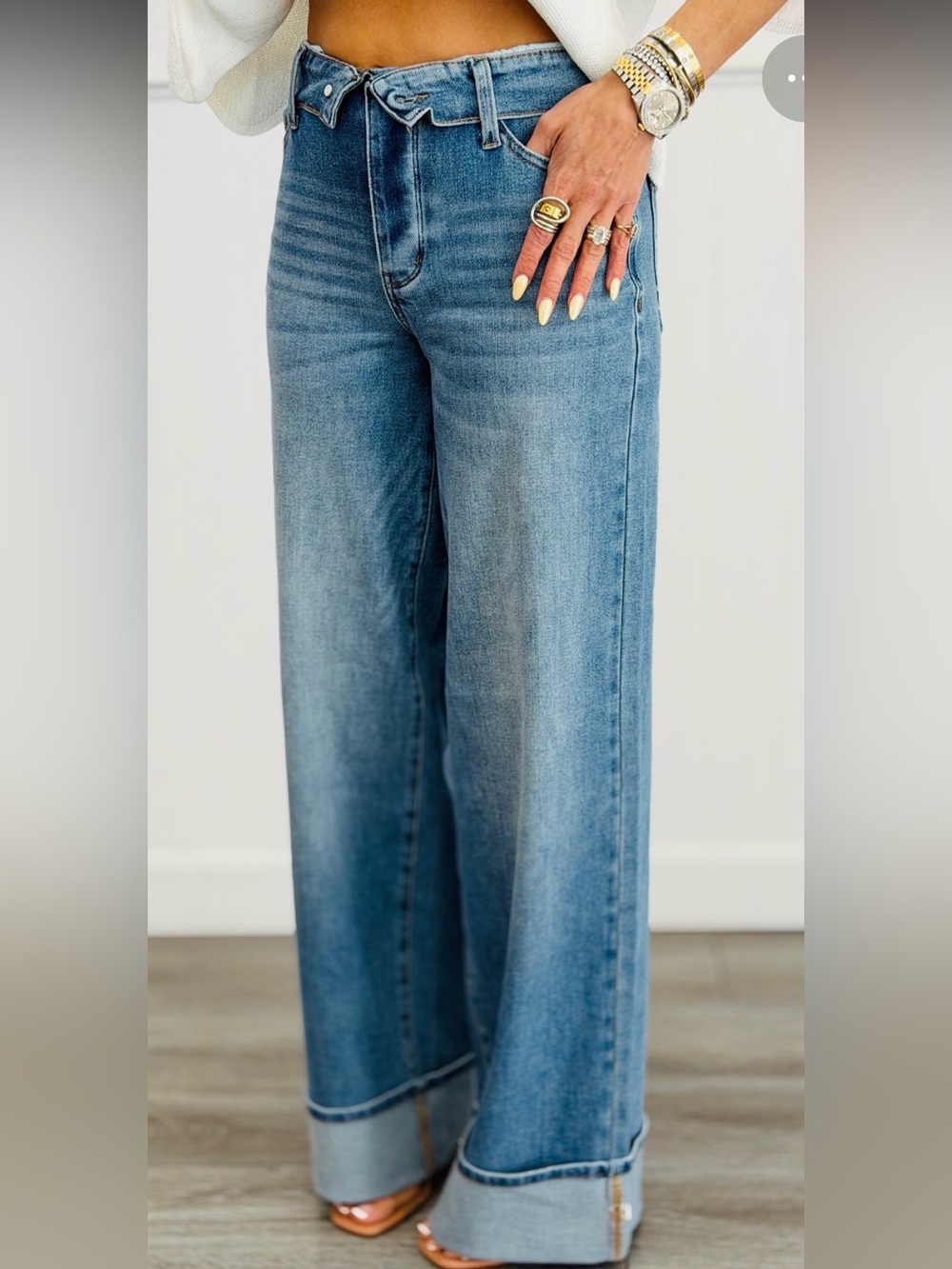 Judy Blue Wide-Leg Column Cuffed Jeans in Light Blue Denim 3/26